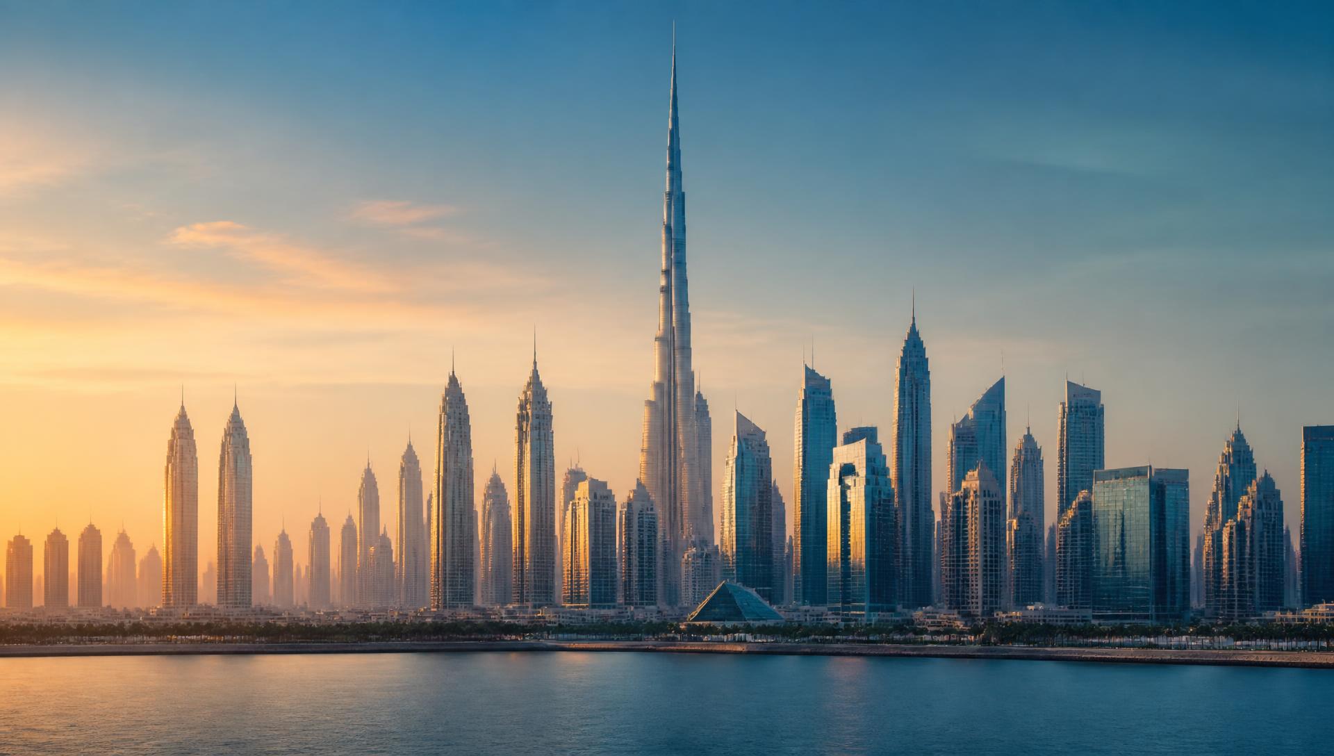 أفق مدينة دبي وبرواز دبي عند الغروب